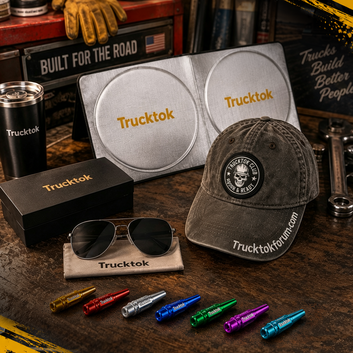 Assorted performance truck accessories and gifts from TruckTok including hats, stickers, license plate frames, and sunshades