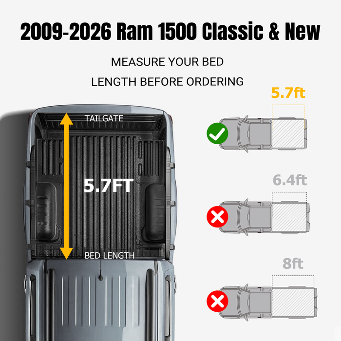 Trucktok 2009-2026 Dodge Ram 1500 5.7FT, 6.4FT, 8FT Soft Top Roll-up Tonneau Cover