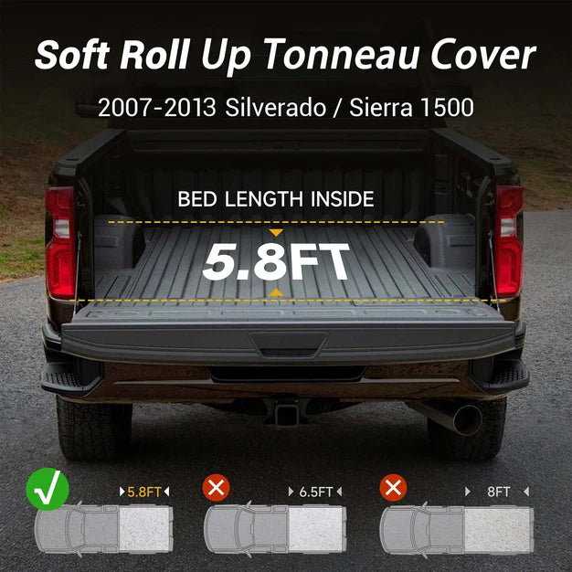 Trucktok 2007-2026 Chevy Silverado Sierra 5.8FT, 6.5FT, 6.9FT, 8FT Soft Roll Up Tonneau Cover Bed