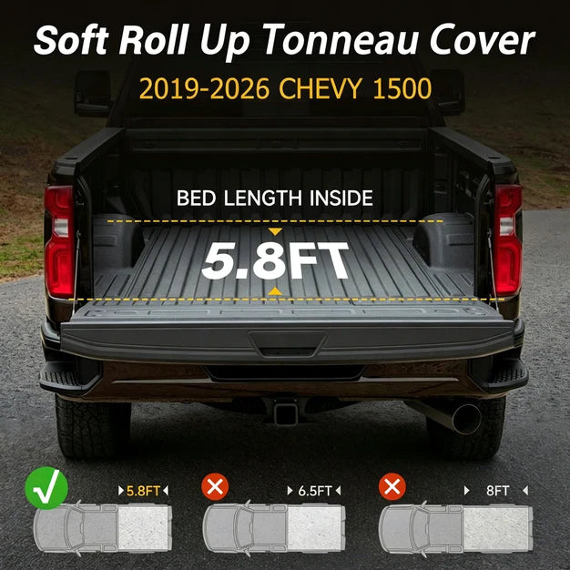 Trucktok 2007-2026 Chevy Silverado Sierra 5.8FT, 6.5FT, 6.9FT, 8FT Soft Roll Up Tonneau Cover Bed