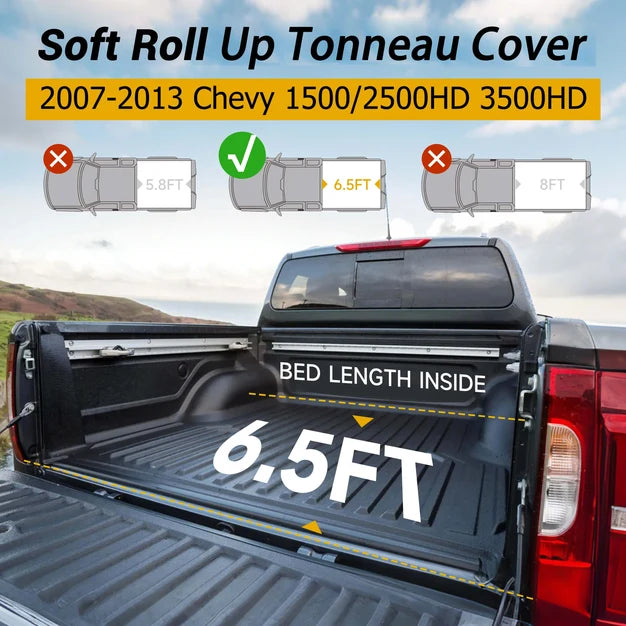 Trucktok 2007-2026 Chevy Silverado Sierra 5.8FT, 6.5FT, 6.9FT, 8FT Soft Roll Up Tonneau Cover Bed