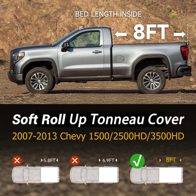 Trucktok 2007-2026 Chevy Silverado Sierra 5.8FT, 6.5FT, 6.9FT, 8FT Soft Roll Up Tonneau Cover Bed