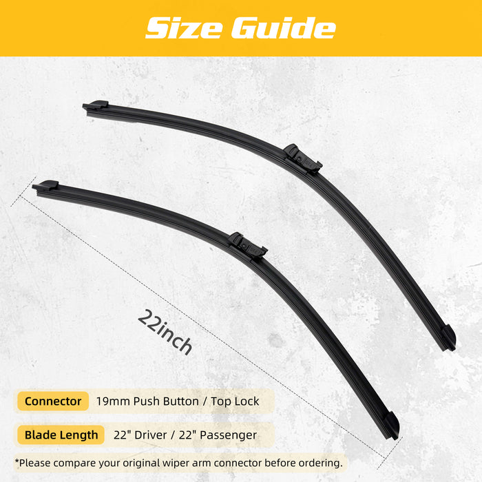 Trucktok Ford Chevy GMC 22" + 22" Push Button/19mm Top Lock Windshield Wiper Blades Pair