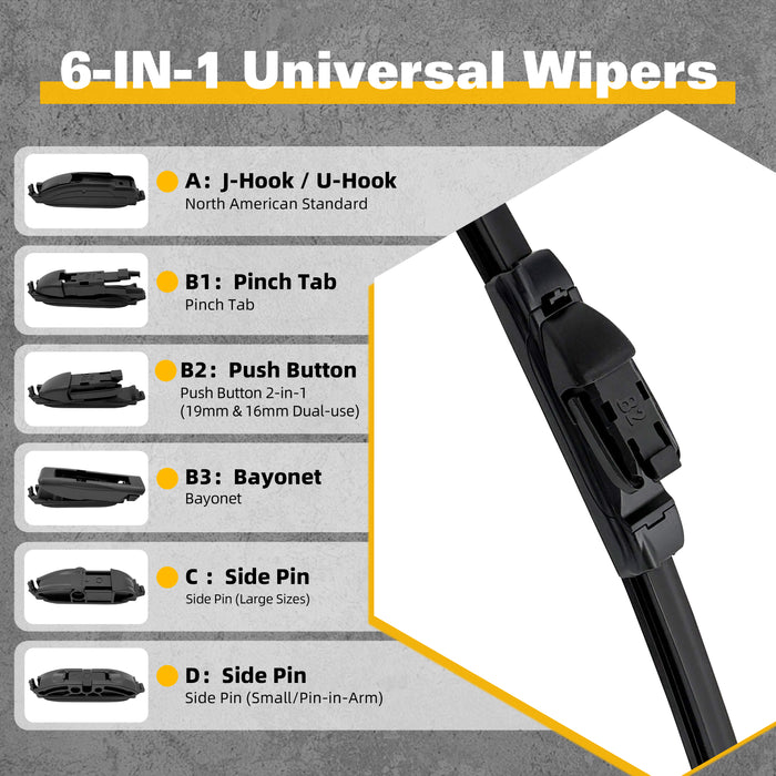 Trucktok Ford Chevy RAM 20" + 20" Universal Multi-Fit Windshield Wiper Blades Pair