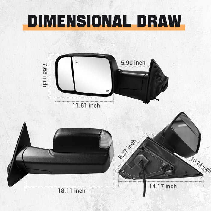 Trucktok Dodge Ram 2019-2022 1500 Power Heated LED BSM Towing Mirrors w/ Temp Sensor Pair