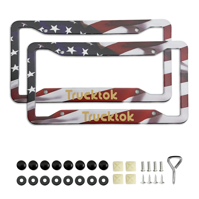 Trucktok 2Pcs Stainless Steel American Flag License Plate Frame Patriotic USA Flag Car Tag Holder.