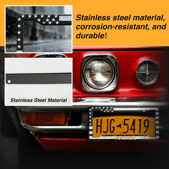 Trucktok 2Pcs Stainless Steel American Flag License Plate Frame Patriotic USA Flag Car Tag Holder.