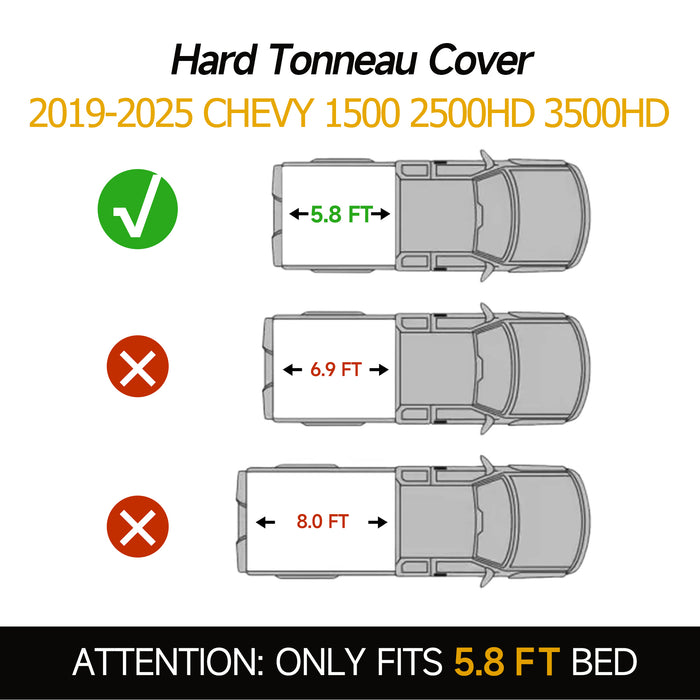 5.8FT 3-Fold Hard Bed Tonneau Cover For 2019-2025 Chevy Silverado / GMC Sierra 1500, 2500HD