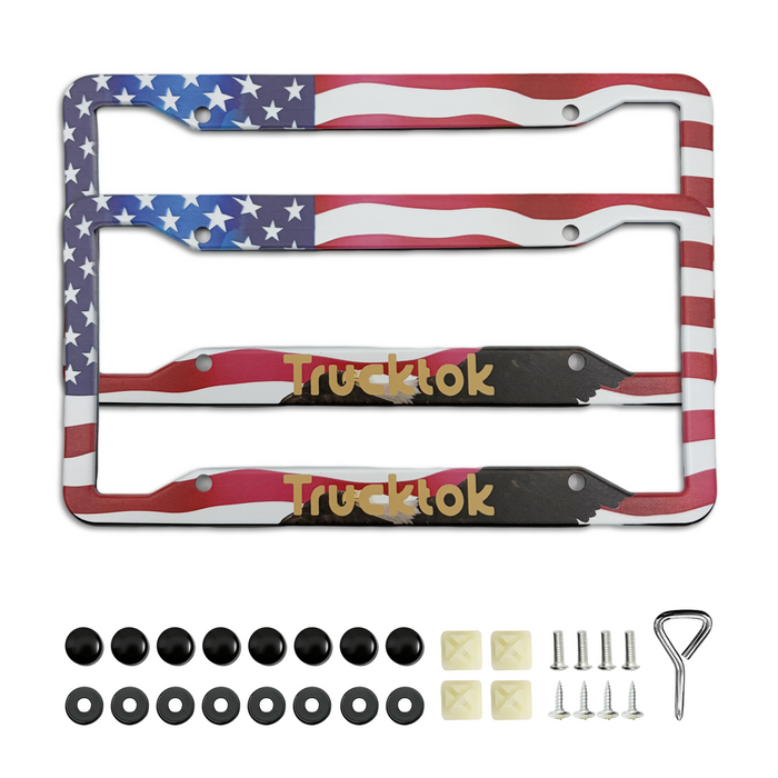 Trucktok 2Pcs Stainless Steel American Flag License Plate Frame Patriotic USA Flag Car Tag Holder.