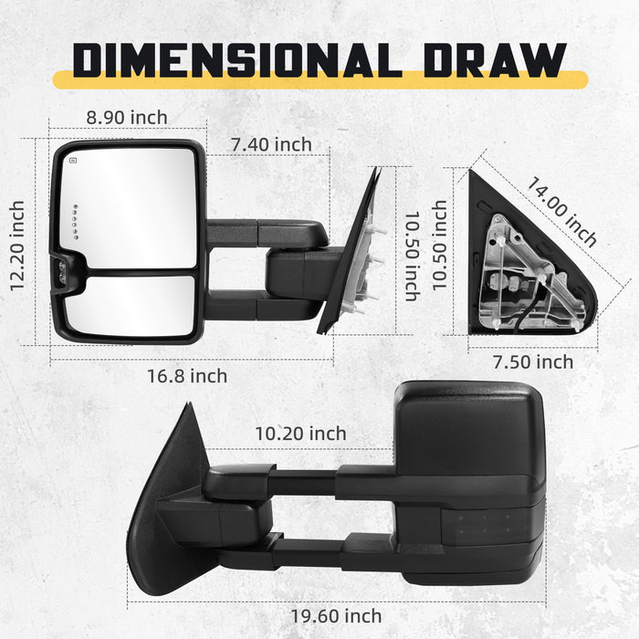 Trucktok Silverado Sierra 2014-2018 1500 & 2015-2019 2500HD 3500HD Power Heated LED Signal Towing Mirrors Pair