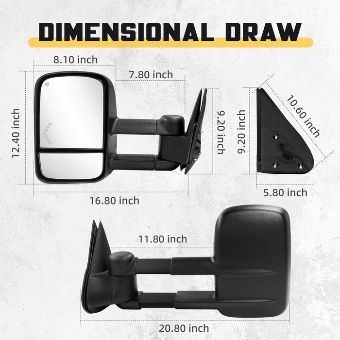 Trucktok Silverado Sierra 2003-2006 1500 2500HD 3500HD & 2007 Classic Power Heated LED Signal Towing Mirrors Pair