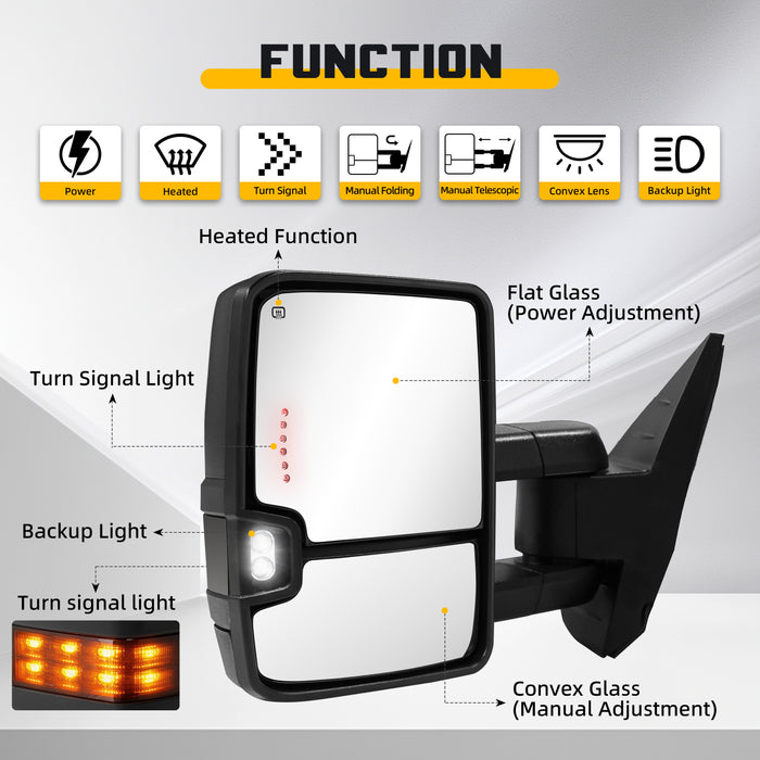 Trucktok Silverado Sierra 2007-2013 1500 & 2008-2014 2500HD 3500HD Power Heated LED Signal Towing Mirrors Pair