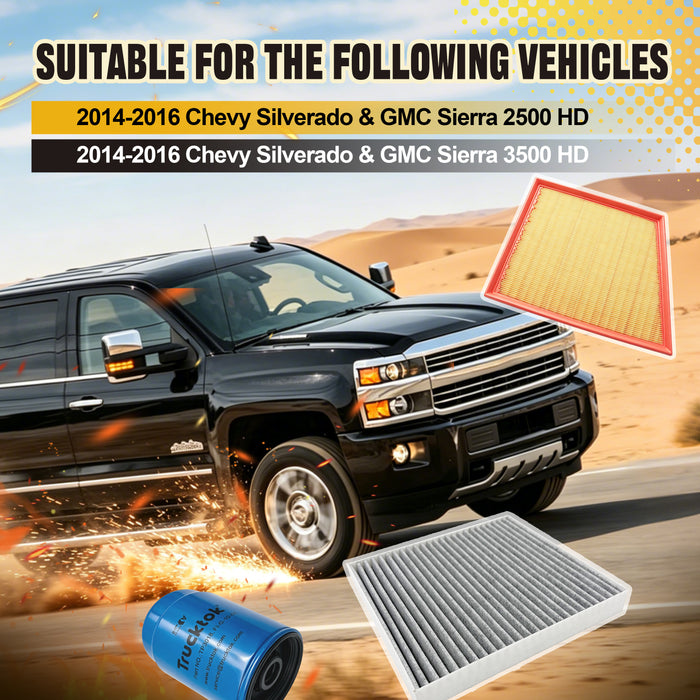 Trucktok 2014-2016 6.6L Silverado Sierra Duramax Air & Cabin Air & Fuel Filter Replaces A3141C/23281440/TP3018
