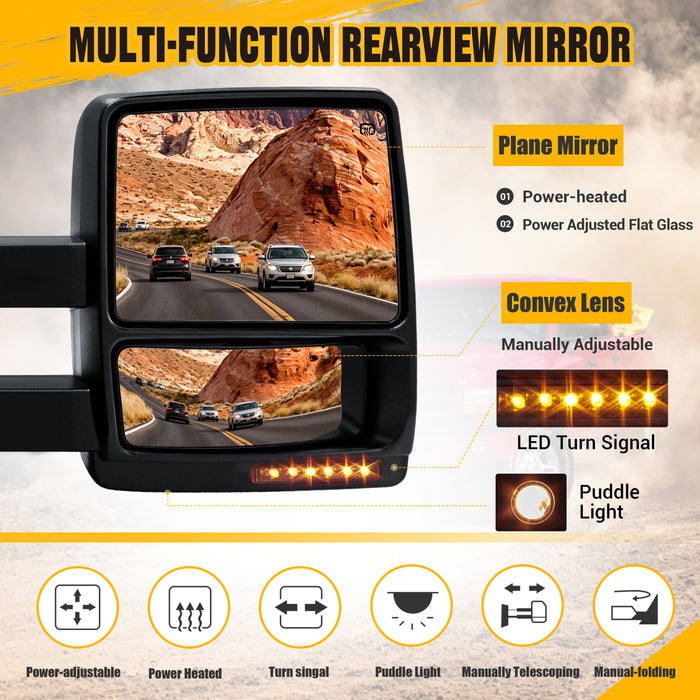 Trucktok 2007-2014 Ford F150 Power Heated LED Signal Puddle Towing Mirrors Pair