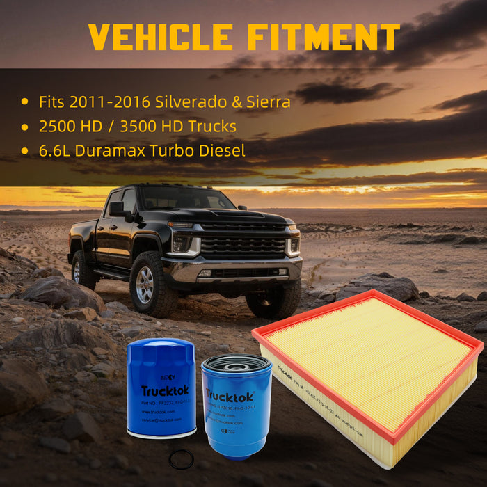 Trucktok 2011-2016 6.6L Silverado Sierra Duramax Filter Set Replaces TP3018/PF2232/A3141C