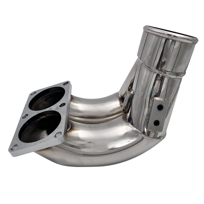 Close-up of the high-flow intake elbow showing the larger bore and smooth interior.