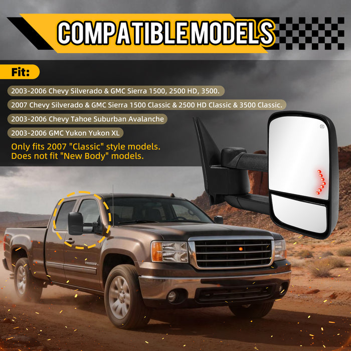 Trucktok Silverado Sierra 2003-2006 1500 2500HD 3500HD & 2007 Classic Power Heated LED Signal Towing Mirrors Pair