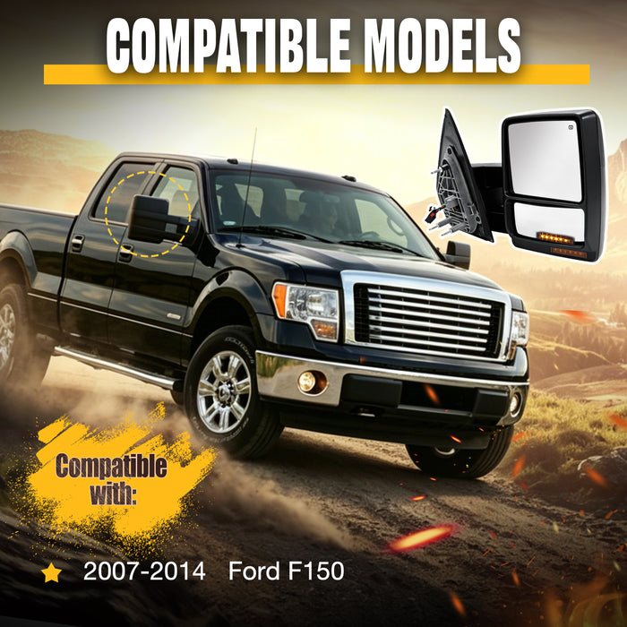 Trucktok 2007-2014 Ford F150 Power Heated LED Signal Puddle Towing Mirrors Pair