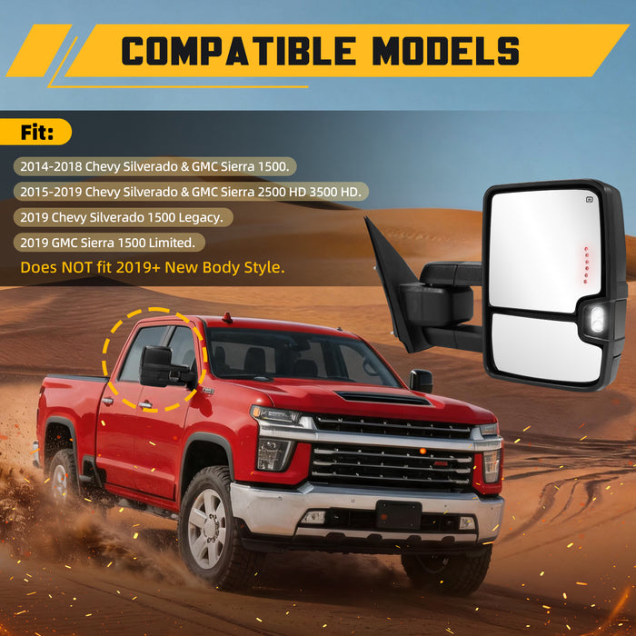 Trucktok Silverado Sierra 2014-2018 1500 & 2015-2019 2500HD 3500HD Power Heated LED Signal Towing Mirrors Pair
