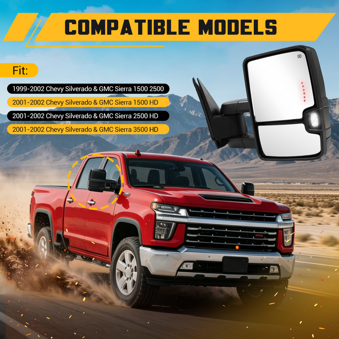 Trucktok Silverado Sierra 1999-2002 1500 2500 & 2001-2002 1500HD 2500HD 3500HD Power Heated LED Signal Towing Mirrors Pair