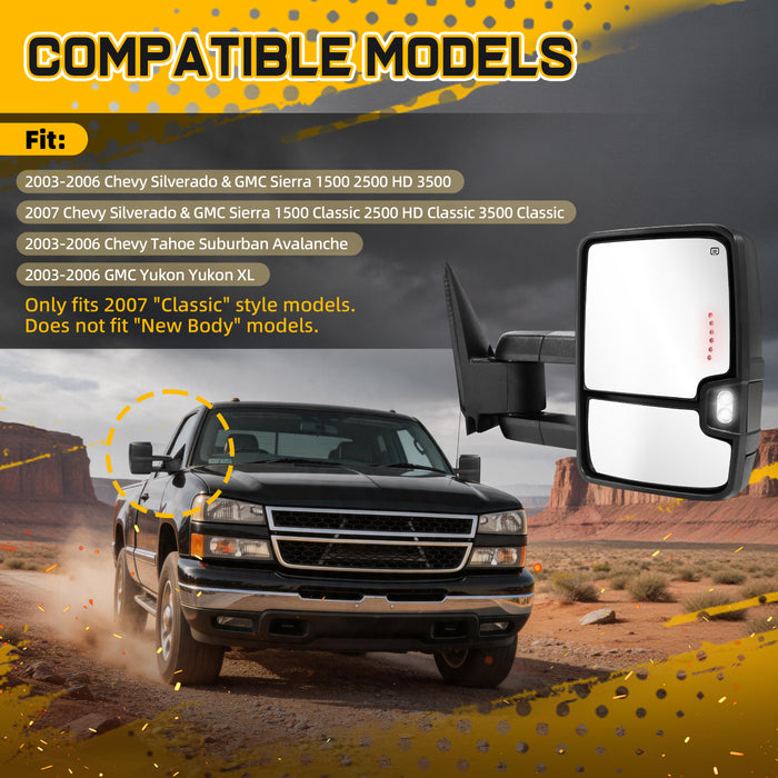 Trucktok Silverado Sierra 2003-2006 1500 2500HD 3500HD & 2007 Classic Power Heated LED Signal Towing Mirrors Pair