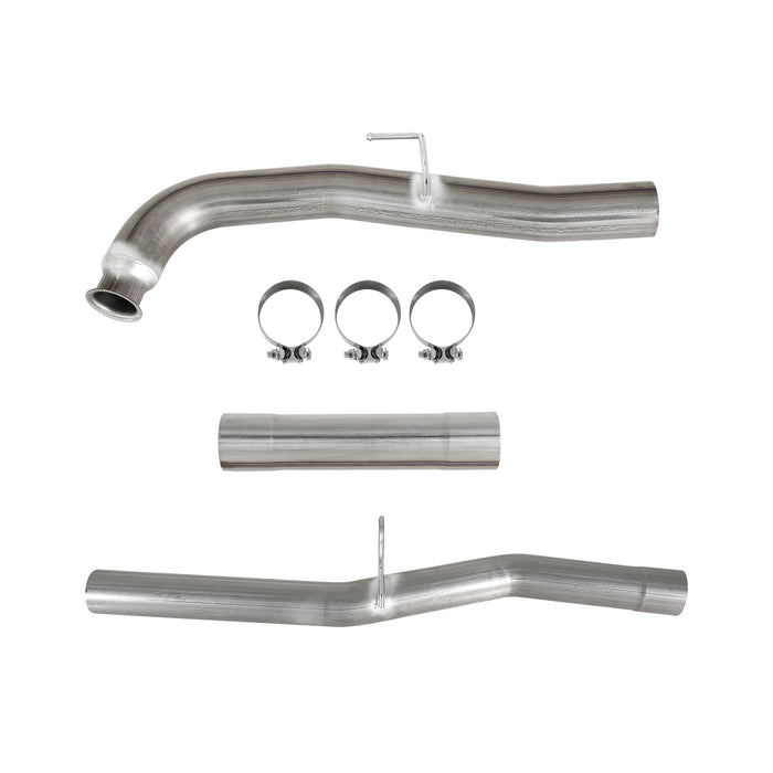 A 4-inch DPF delete pipe laid flat with its flanges and mounting hardware.