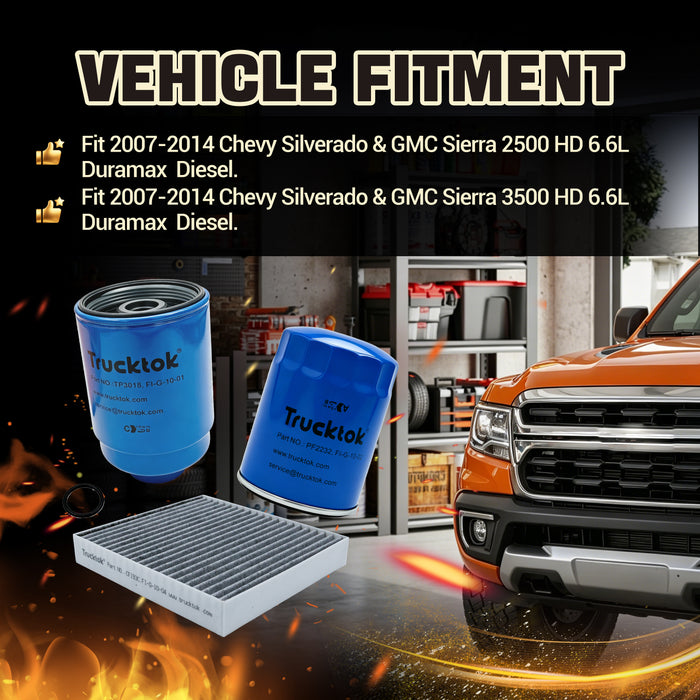 Trucktok 2007-2014 6.6L Silverado Sierra Duramax Filter Set Replaces TP3018/PF2232/23101674