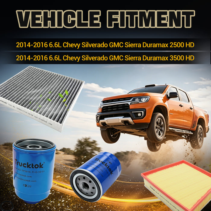 Trucktok 2014-2016 6.6L Silverado Sierra Duramax Filter Set Replaces TP3018/PF2232/A3141C/CP809