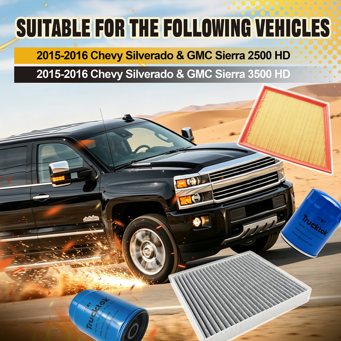 TruckTok 2007-2026 6.6L Silverado Sierra Duramax Fuel, Oil, Air & Cabin Filters Maintenance Kit