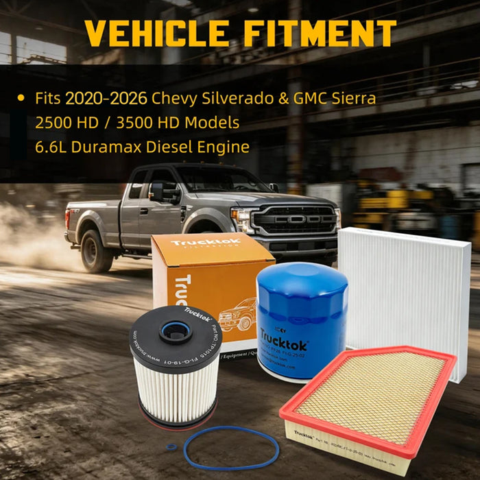 TruckTok 2007-2026 6.6L Silverado Sierra Duramax Fuel, Oil, Air & Cabin Filters Maintenance Kit
