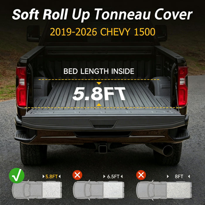 Trucktok 2019-2026 Chevy Silverado Sierra 5.8FT Soft Roll Up Tonneau Cover Bed
