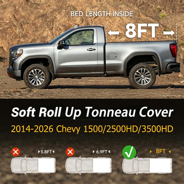 Trucktok 2014-2026 Chevy Silverado Sierra 8FT Soft Roll Up Tonneau Cover Bed