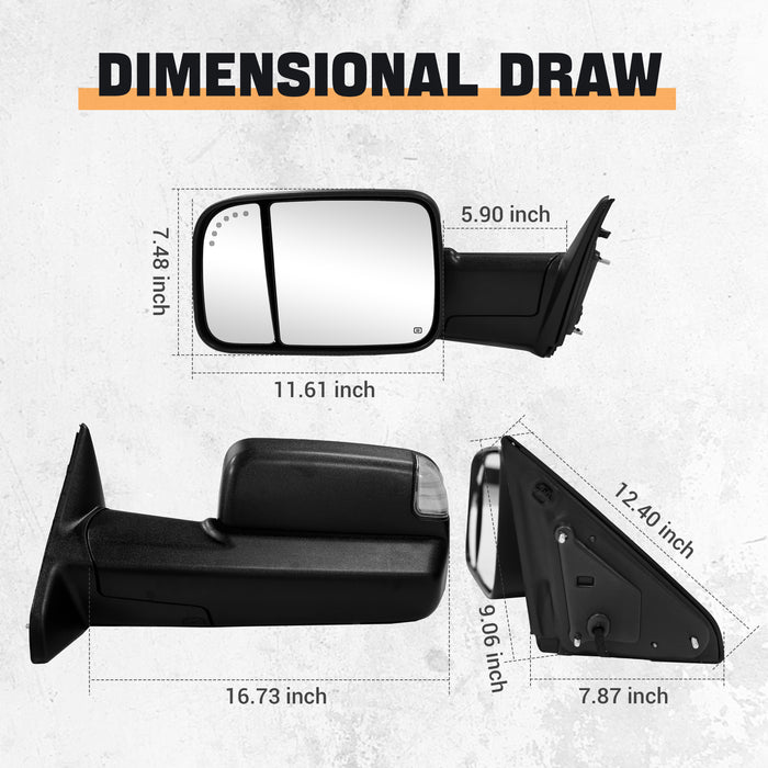 Trucktok Dodge Ram 2009-2018 1500 & 2010-2018 2500 3500 Power Heated LED Towing Mirrors w/ Temp Sensor Pair