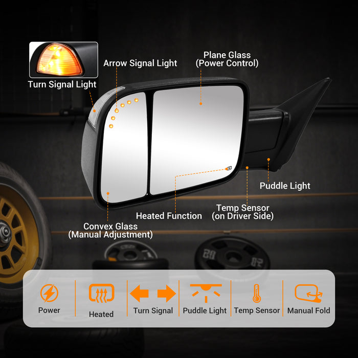 Trucktok Dodge Ram 2009-2018 1500 & 2010-2018 2500 3500 Power Heated LED Towing Mirrors w/ Temp Sensor Pair