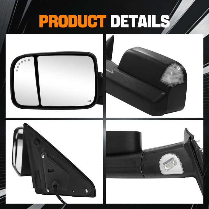Trucktok Dodge Ram 2009-2018 1500 & 2010-2018 2500 3500 Power Heated LED Towing Mirrors w/ Temp Sensor Pair