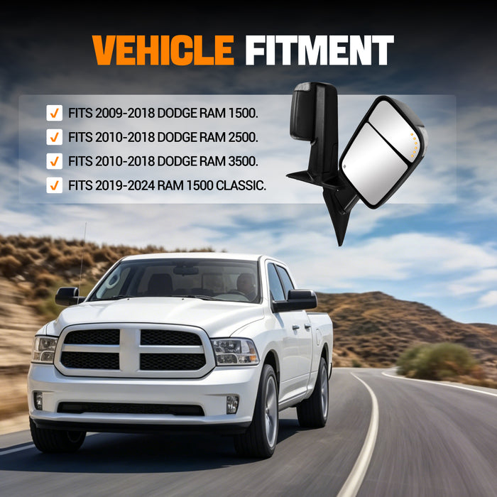 Trucktok Dodge Ram 2009-2018 1500 & 2010-2018 2500 3500 Power Heated LED Towing Mirrors w/ Temp Sensor Pair