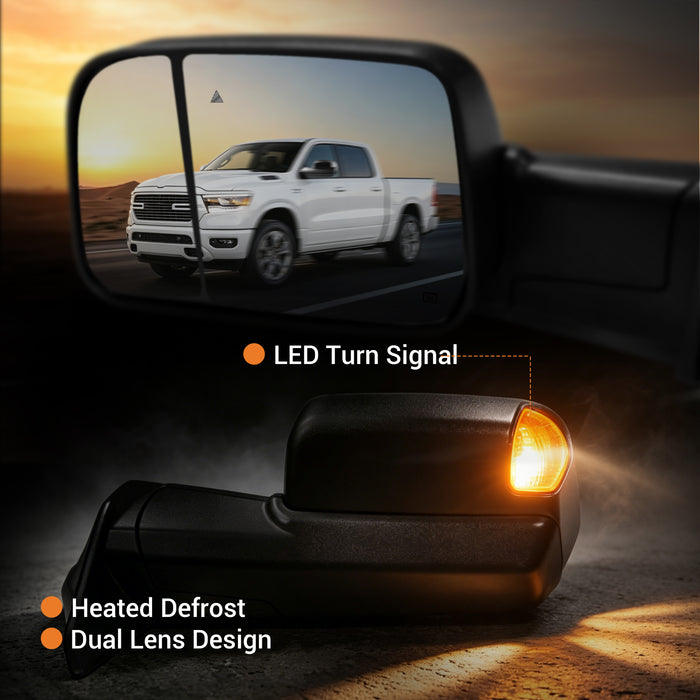 Trucktok Dodge Ram 2019-2022 1500 Power Heated LED BSM Towing Mirrors w/ Temp Sensor Pair