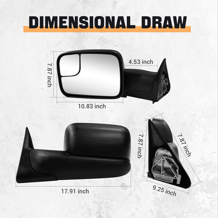 Trucktok Dodge Ram 1994-2001 1500 & 1994-2002 2500 3500 Manual Towing Mirrors Pair
