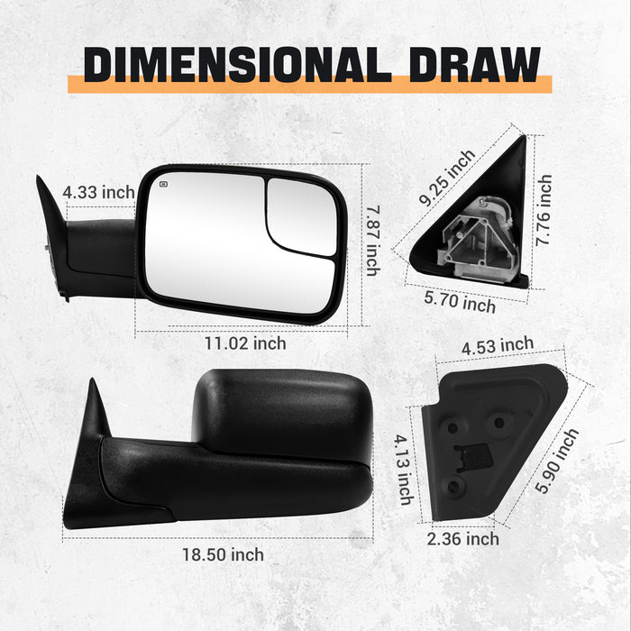 Trucktok Dodge Ram 1998-2001 1500 & 1998-2002 2500 3500 Power Heated Towing Mirrors Pair