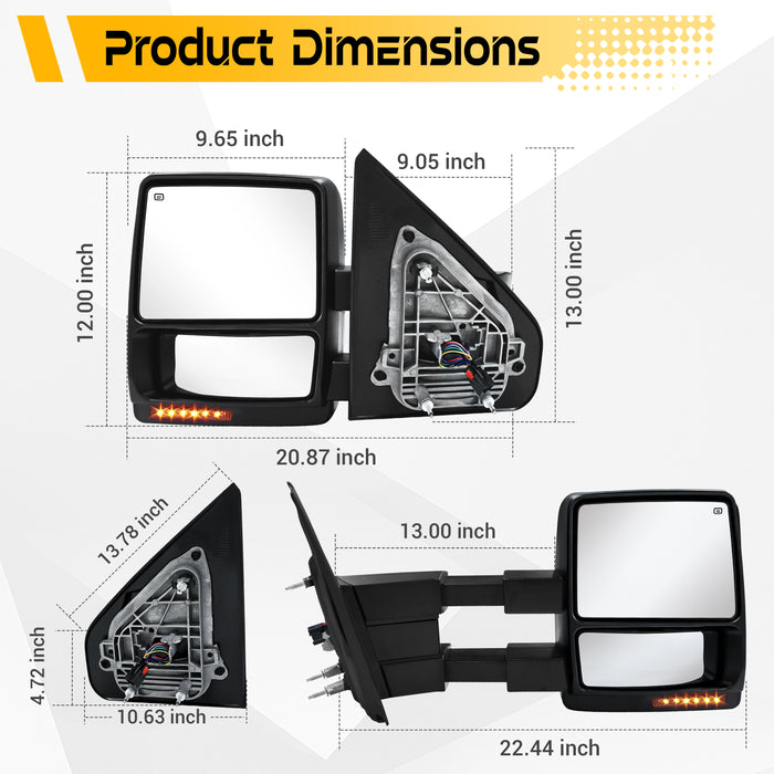 Trucktok 2007-2014 Ford F150 Power Heated LED Signal Puddle Towing Mirrors Pair