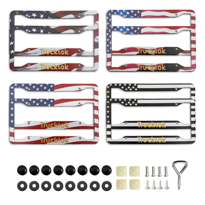 Trucktok 2Pcs Stainless Steel American Flag License Plate Frame Patriotic USA Flag Car Tag Holder.