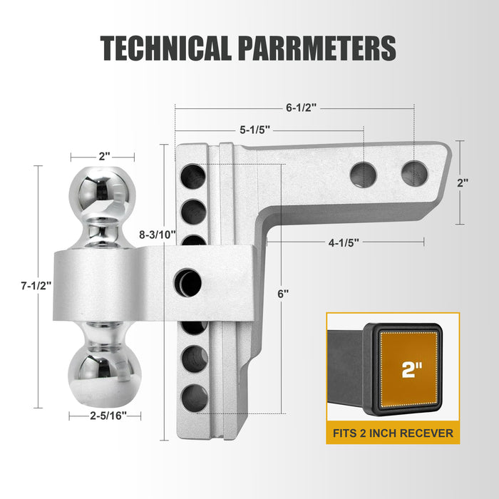 Trucktok 2" Adjustable Hitch 6" Drop/Rise 12,000 GTW with Dual Locks