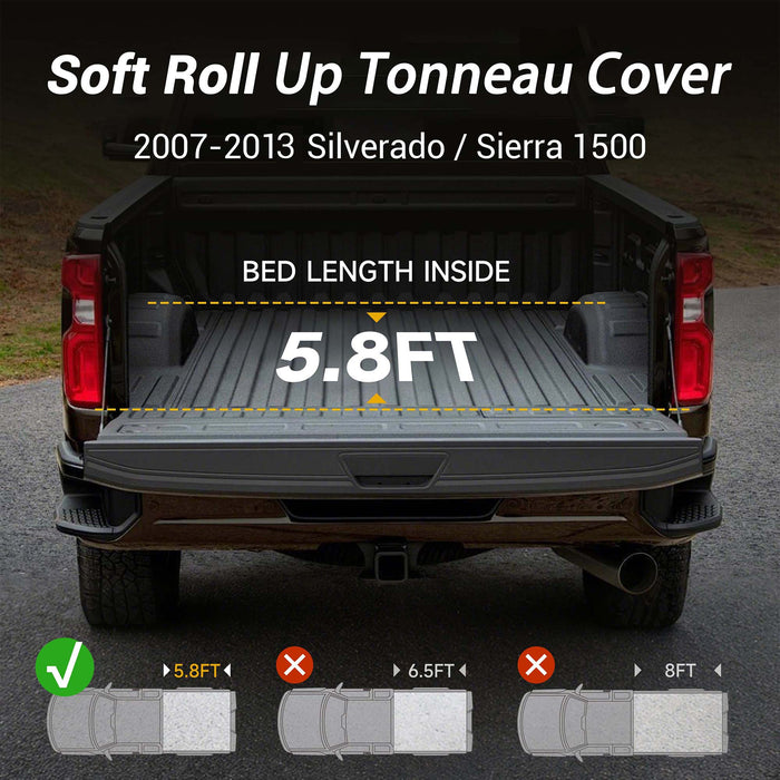 Trucktok 2007-2013 Chevy Silverado Sierra 5.8FT Soft Roll Up Tonneau Cover Bed