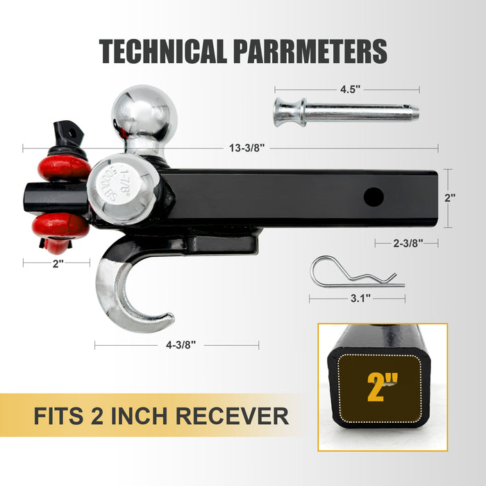 Trucktok 2" Receiver Heavy Duty Tri-Ball Trailer Hitch Mount with Swivel Shackle Tow Hook 1-7/8"/2"/2-5/16" Balls w/Lock Pin