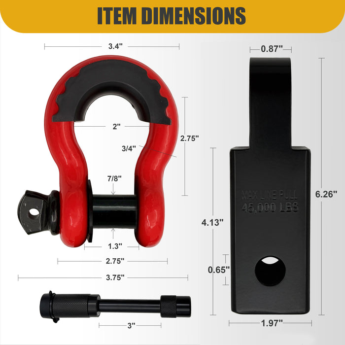 Trucktok 2" Receiver Heavy Duty Shackle Hitch Receiver 3/4 D-Ring and 5/8" Lock Pin 38,500 lbs Break Strength Off-Road Recovery Kit