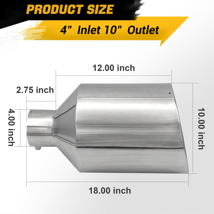 Trucktok 4" Inlet 10" Outlet 18" Overall Length Stainless Steel Bolt On Exhaust Tailpipe Tip