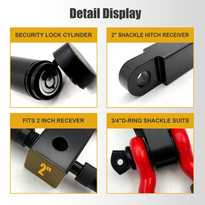 Trucktok 2" Receiver Heavy Duty Shackle Hitch Receiver 3/4 D-Ring and 5/8" Lock Pin 38,500 lbs Break Strength Off-Road Recovery Kit