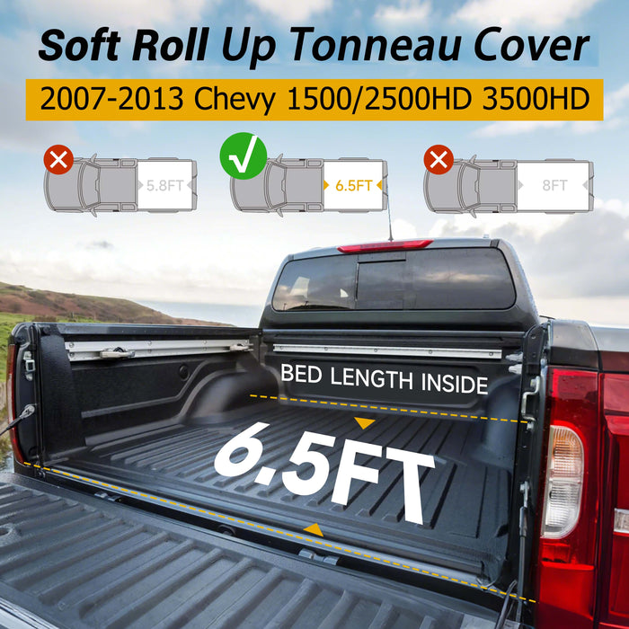 Trucktok 2007-2013 Chevy Silverado Sierra 6.5FT Soft Roll Up Tonneau Cover Bed