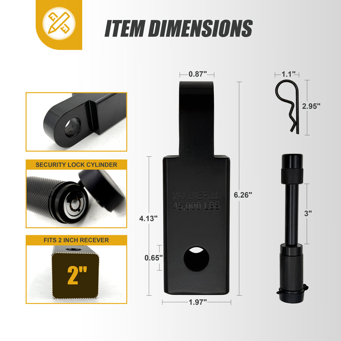 Trucktok 2" Receiver Heavy Duty Shackle Hitch Receiver 3/4 D-Ring and 5/8" Lock Pin 38,500 lbs Break Strength Off-Road Recovery Kit