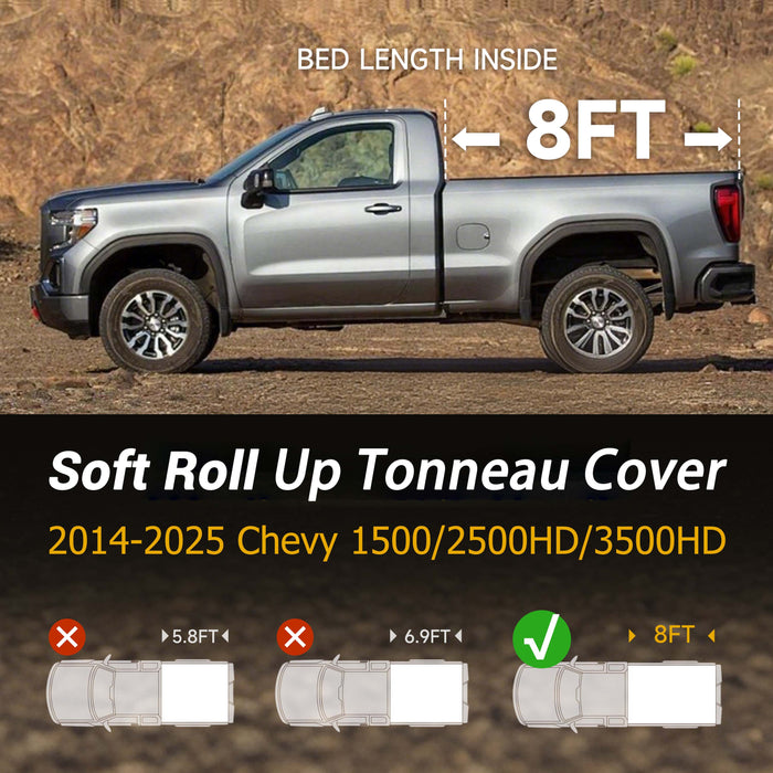 Trucktok 2014-2025 Chevy Silverado Sierra 8FT Soft Roll Up Tonneau Cover Bed